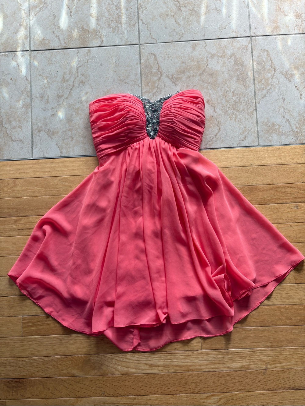 Women’s Strapless Coral Party Dress with Embellished Bodice